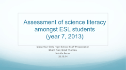 Assessment of science literacy amongst ESL students (year 7, 2013)