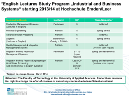 English Lectures Study Program „Industrial and Business Systems“