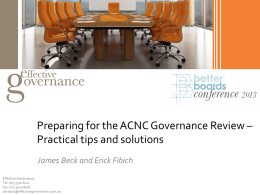 Preparing for the ACNC Governance Review * Practical tips and